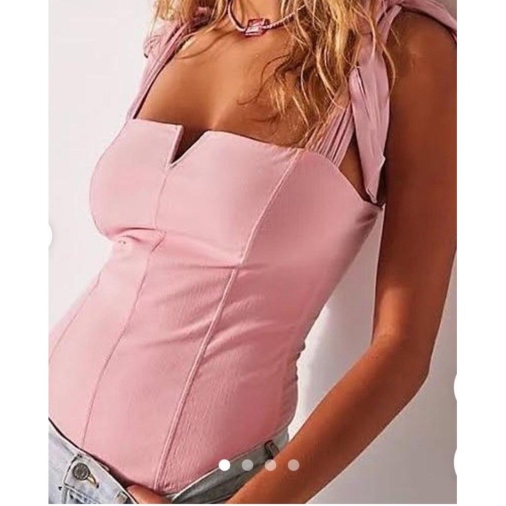 Free People Women's Medium Lola Bodysuit Corset Heart Haze Pink Shoulder Tie